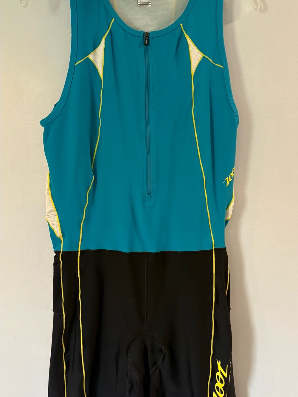 Zoot Teal and Black Women's Triathlon Suit with Yellow Piping